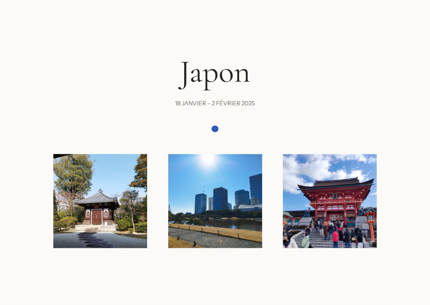 La couverture : Japon, les dates du voyage, la gommette bleue et trois photos