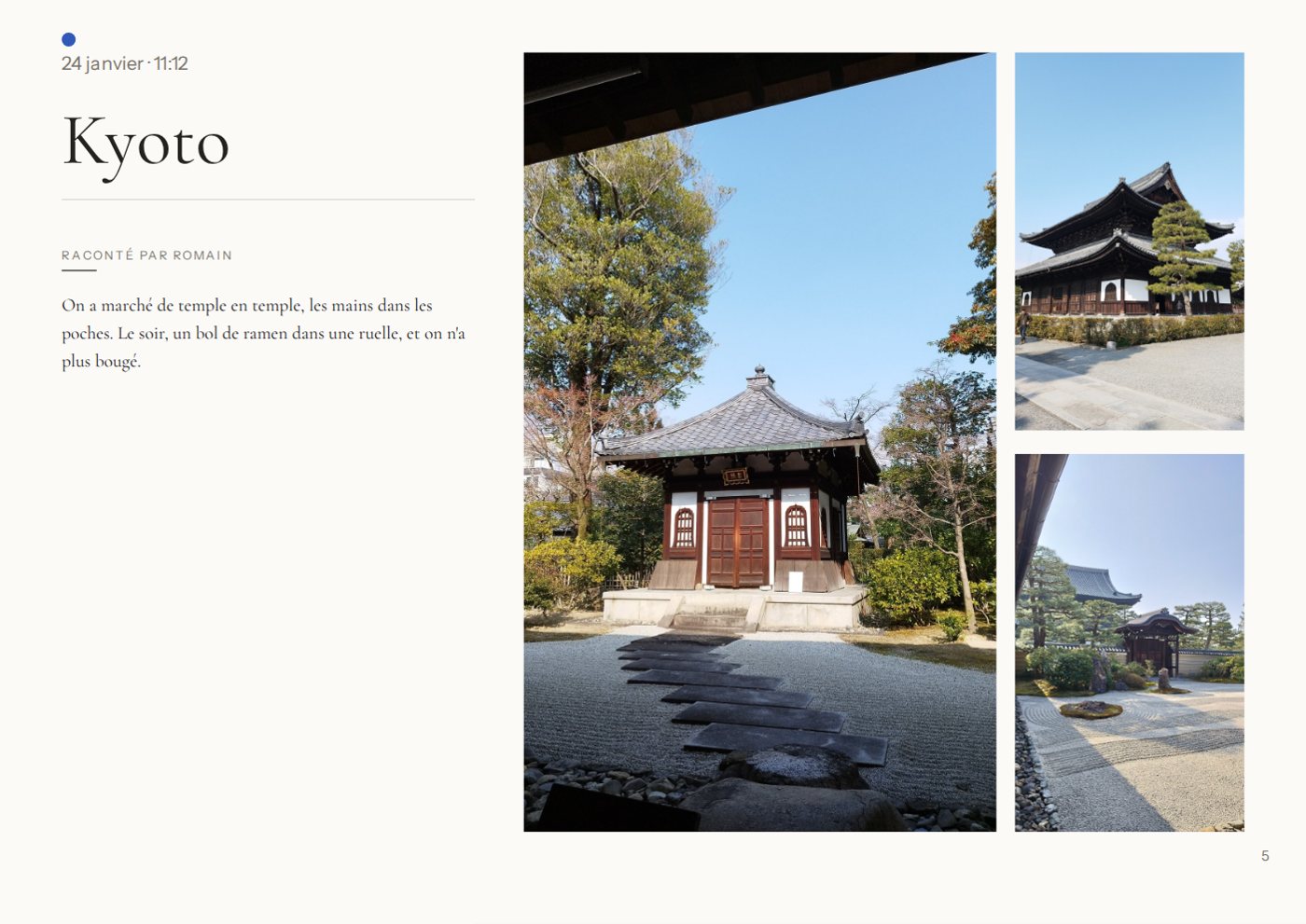 L'ouverture du chapitre Kyoto, avec quelques mots du voyageur à côté des photos